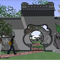 Traditional Chinese Scenic Wall with Circular Gateway Courtyard Rockery Pavilion and Trees