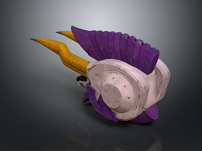 Futuristic Game Movie Character With Purple Fan Shaped Design Yellow Accents And White Mechanical Structure 3d model