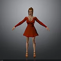 Woman with brown hair wearing red long sleeve V neck dress and brown high heels