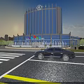Modern Hotel Building With Glass Curtain Wall Entrance Flags Front Fountain And Car In Front