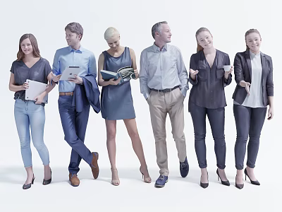 Group of Diverse Business Professionals Standing in Various Poses With Digital Devices and Coffee Cups 3d model