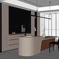Modern Restaurant Kitchen With Open Design White Island Black Cabinets Pendant Lights Chairs And Potted Plant