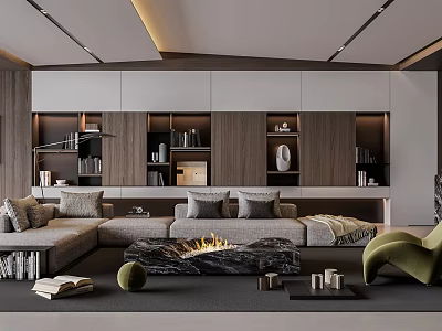 Modern Living Room Interior Design With L shaped Sofa Built in Bookshelves And Fireplace 3d model