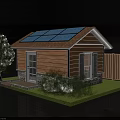 Traditional European style Architecture with Solar Panels Wooden Exterior White Shutters Tree and Green Lawn