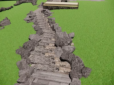 Natural Stone Stepping Stones Pathway Through Green Lawn With Wooden Platform 3d model