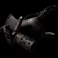 Vintage Metallic Gas Mask With Leather Strap Rusty Pipes And Circular Holes