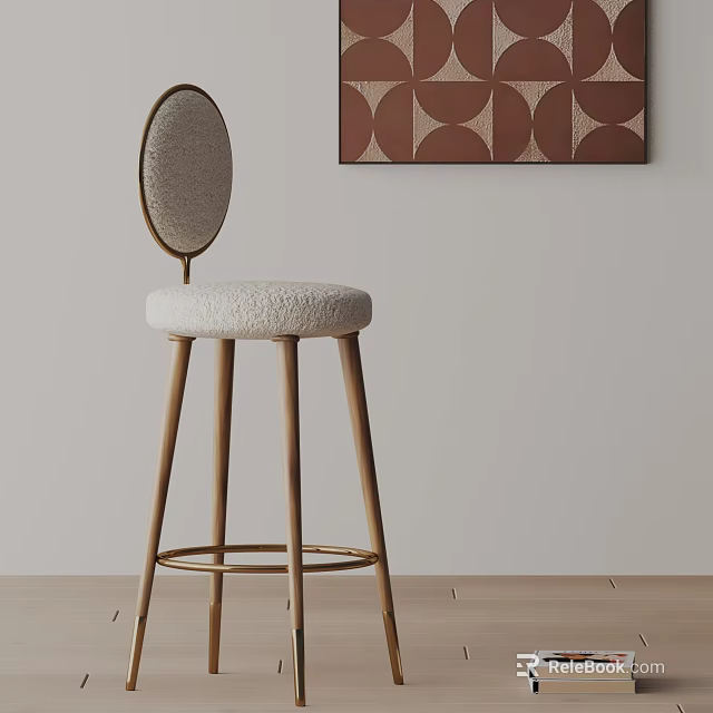 Modern Bar Stool With Circular Backrest Cream Seat Cushion Wooden Legs And Geometric Wall Art 3d model 