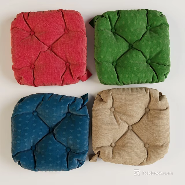 Tufted Square Fabric Pillows in Red Green Blue and Beige Hues 3d model 