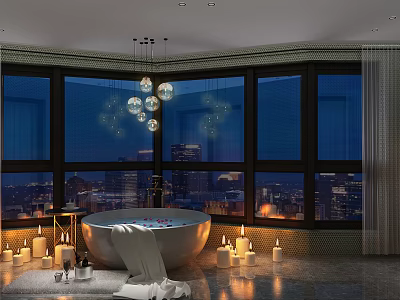 Luxury Modern Bathroom With Freestanding Tub Warm Candles And Stunning Panoramic Night City View 3d model