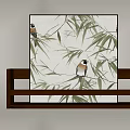 Decorative Plant Painting with Bamboo Leaves and Birds on Wooden Shelf Light Wall Background