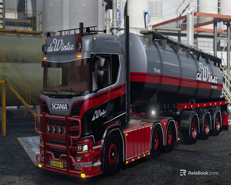 Red And Gray Heavy Truck With Tank Trailer At Industrial Site 3d model 