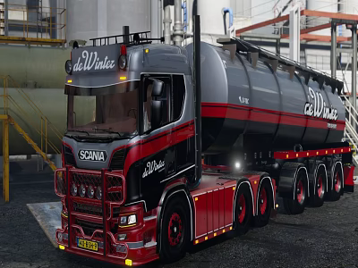 Red And Gray Heavy Truck With Tank Trailer At Industrial Site 3d model