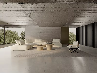 Modern Living Room Interior With White Sectional Sofa Wooden Coffee Tables Large Windows And Concrete Ceiling 3d model