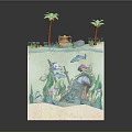 Cartoon Underwater Beach Scene with Transparent Water Jellyfish Fish Underwater Plants Palm Trees and Cabin