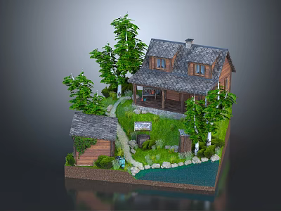 Cartoon Scene With Small Wooden House Green Trees Stone Pathway And Little Pond 3d model