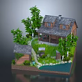 Cartoon Scene With Small Wooden House Green Trees Stone Pathway And Little Pond