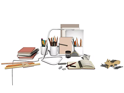 Desk Stationery Setup With Books Pencils Notebook Ruler And Paper Airplane 3d model