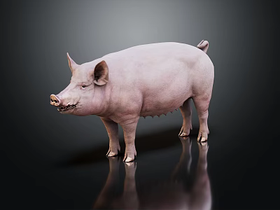 Realistic Pink Pig Standing On Black Background With Shiny Reflection 3d model