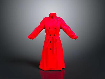 Stylish Red Long Trench Coat With Double Breasted Design And Stand Collar 3d model