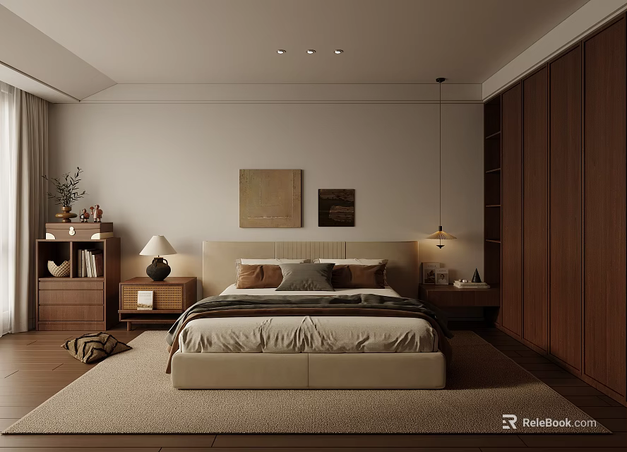 Serene Bedroom Interior Design With Beige Bed Wooden Wardrobe Nightstand And Table Lamp 3d model 