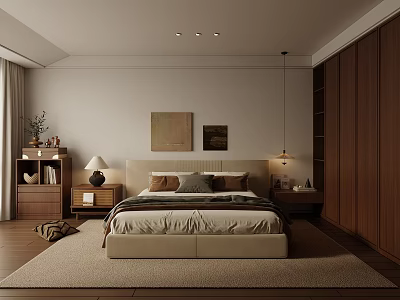 Serene Bedroom Interior Design With Beige Bed Wooden Wardrobe Nightstand And Table Lamp 3d model