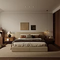 Serene Bedroom Interior Design With Beige Bed Wooden Wardrobe Nightstand And Table Lamp
