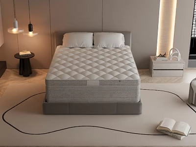 Comfortable Diamond Stitched Mattress in Modern Bedroom with Nightstand Lamp and Open Book 3d model