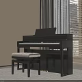 Black Musical Instrument Piano With Padded Stool In Room Interior With Curtains And Windows