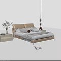 Stylish Beige Double Bed with Leather Headboard Pillows Striped Blanket Bedside Tables and Modern Pendant Light