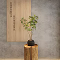 Natural Style Bonsai Potted Plant With Wooden Log Stand And Green Leaves Against Gray Wall