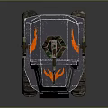 Futuristic Military Weapons Mounted on Off Road Vehicle With Large Tires and Orange Accents