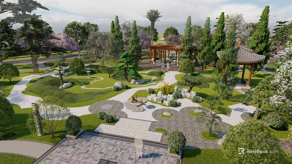 Traditional Courtyard Garden Landscaped With Lush Green Trees Stone Paths Pavilion And Rock Features 3d model 