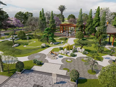 Traditional Courtyard Garden Landscaped With Lush Green Trees Stone Paths Pavilion And Rock Features 3d model