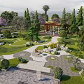 Traditional Courtyard Garden Landscaped With Lush Green Trees Stone Paths Pavilion And Rock Features