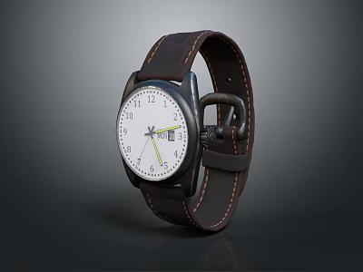 Classic Watch With Brown Leather Strap And White Dial Black Numbers Yellow Hands 3d model
