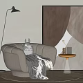 Beige Single Sofa With Gray Blanket Rabbit Doll Floor Lamp And Abstract Painting