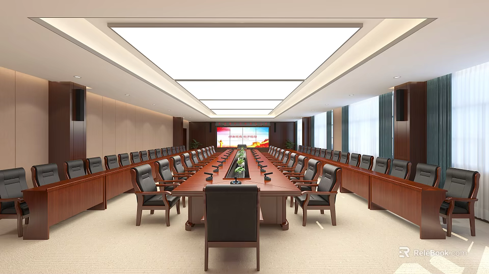Modern Conference Room With Long Table Black Chairs Green Plants Large Screen And Wooden Walls 3d model 