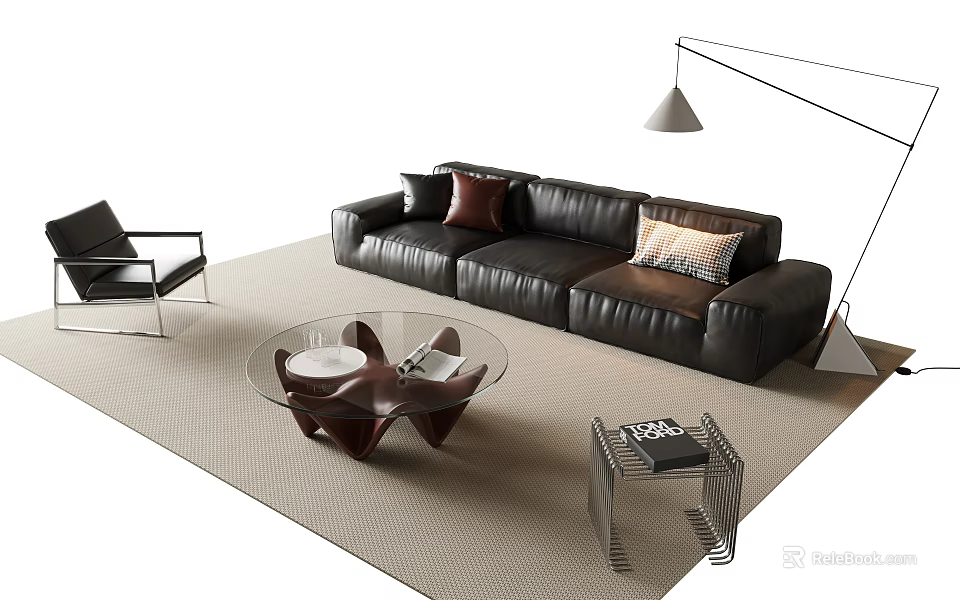 Modern Black Leather Sofa and Glass Coffee Table Set with Brown Cushions Beige Carpet 3d model 