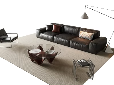 Modern Black Leather Sofa and Glass Coffee Table Set with Brown Cushions Beige Carpet 3d model