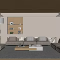 Modern Living Room Interior With Beige Sofas Coffee Table Decorative Shelves And Light-Filled Windows