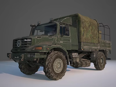 Green Military Truck With Camouflage Cargo Cover And Off Road Tires 3d model