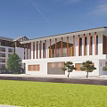 Modern Style Multi storey Building Exterior With Brown White Facade Green Lawn And Trees