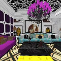 Modern Luxury KTV Lounge With Purple Sofa Chandelier TV Screen And Decorative Wall