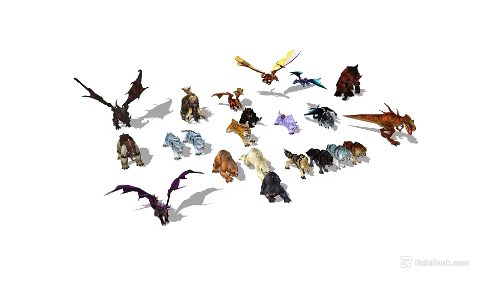 Colorful Dragon Figurine Collection With Various Types Sizes And Detailed Designs 3d model 