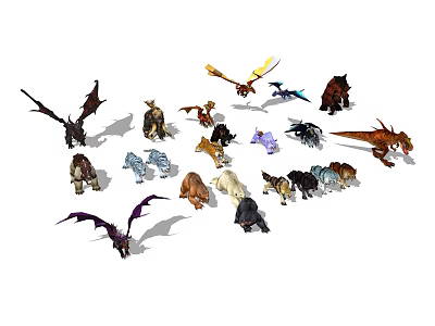 Colorful Dragon Figurine Collection With Various Types Sizes And Detailed Designs 3d model