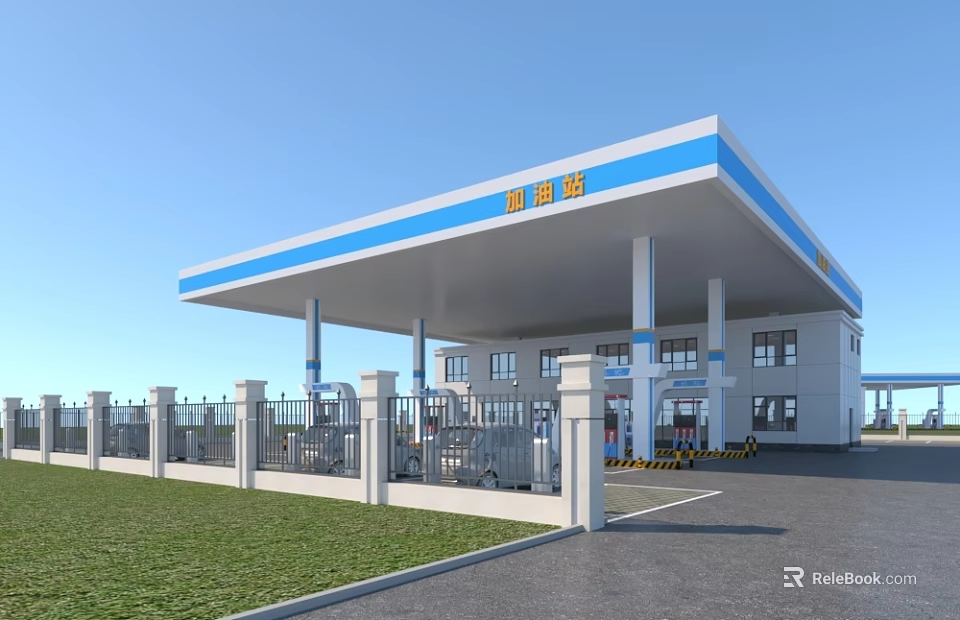 Modern White Gas Station Building With Blue Roof Fence Fuel Pumps And Grass Area 3d model 