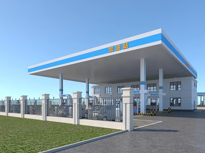 Modern White Gas Station Building With Blue Roof Fence Fuel Pumps And Grass Area 3d model