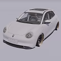 White Compact Electric Vehicle With Modern Design And Black Wheels In Indoor Showroom