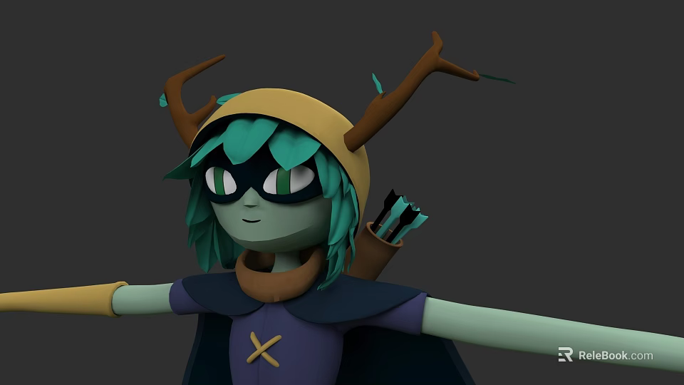 Fantasy Game Character With Green Hair Antler Hat Purple Cape And Arrow Quiver 3d model 