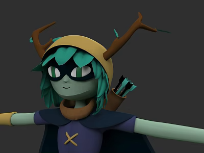 Fantasy Game Character With Green Hair Antler Hat Purple Cape And Arrow Quiver 3d model